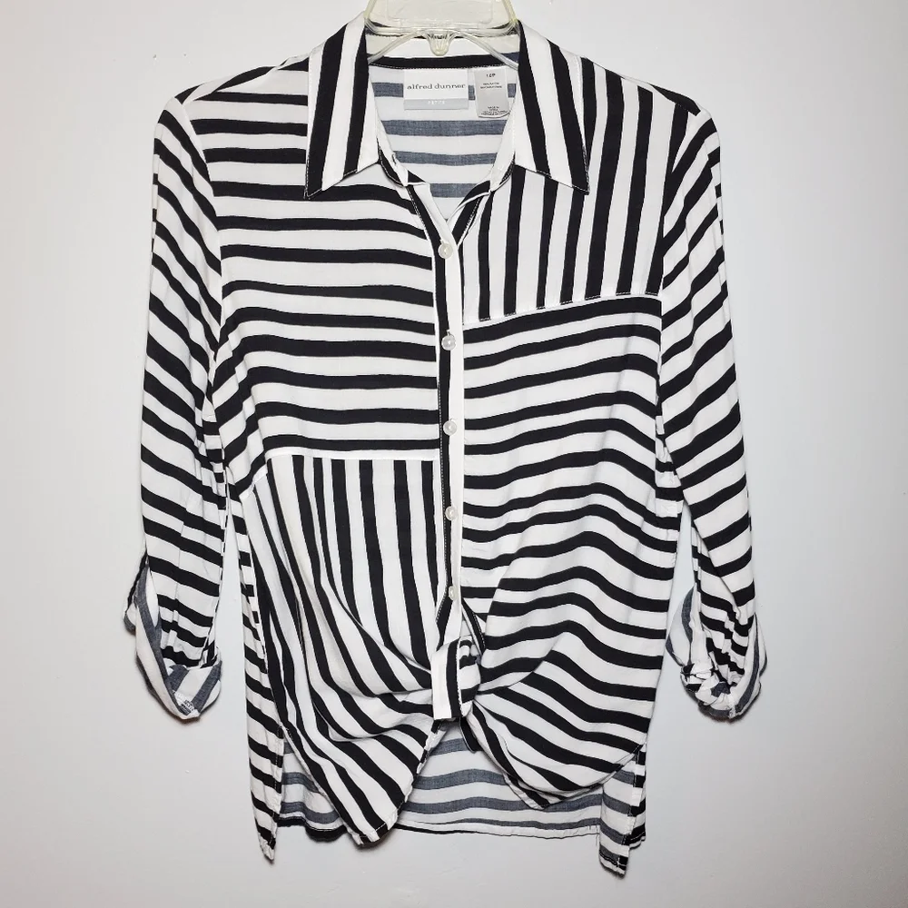 ALFRED DUNNER Stripe Collar Blouse White & Black Size 10P - Picture 9 of 9